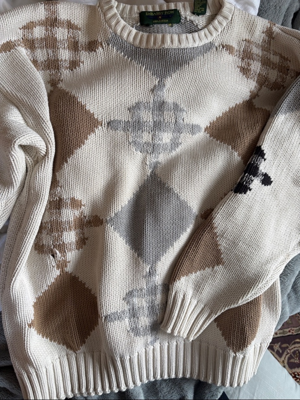 Embassy Row Cream Argyle Knit Sweater